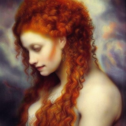 A Celtic woman, fill size portrait, red curly hair, green ey...