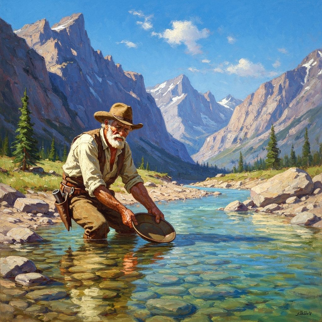 Grizzled Prospector Panning for Gold in Mountain Stream
