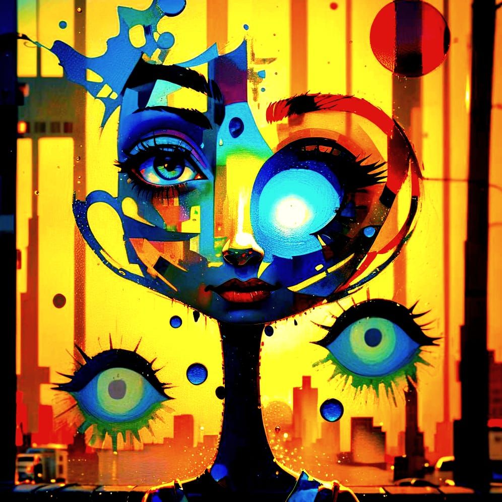 Pop Art: Woman Crying at Sunrise in City