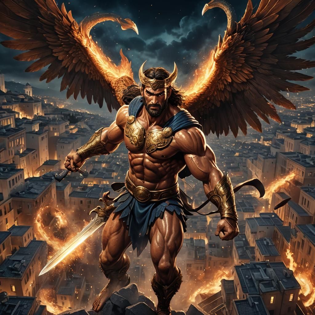 Fiery Hercules Soars Over Ancient Greek City
