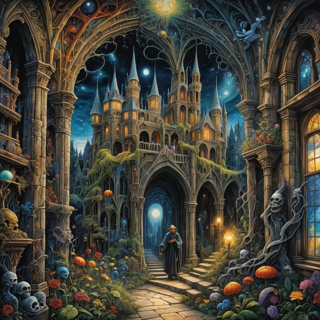 Macabre Gothic Tableau with Whimsical Characters