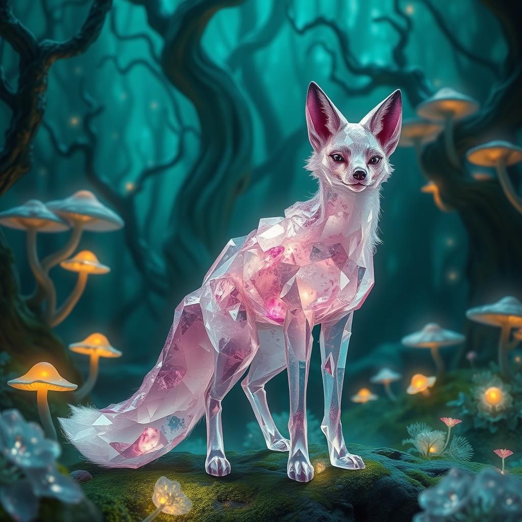 Crystal Fox in Mystical Forest, Ethereal Art