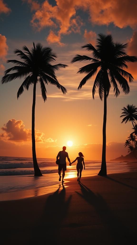 Silhouette: Palm Trees Walking at Sunset