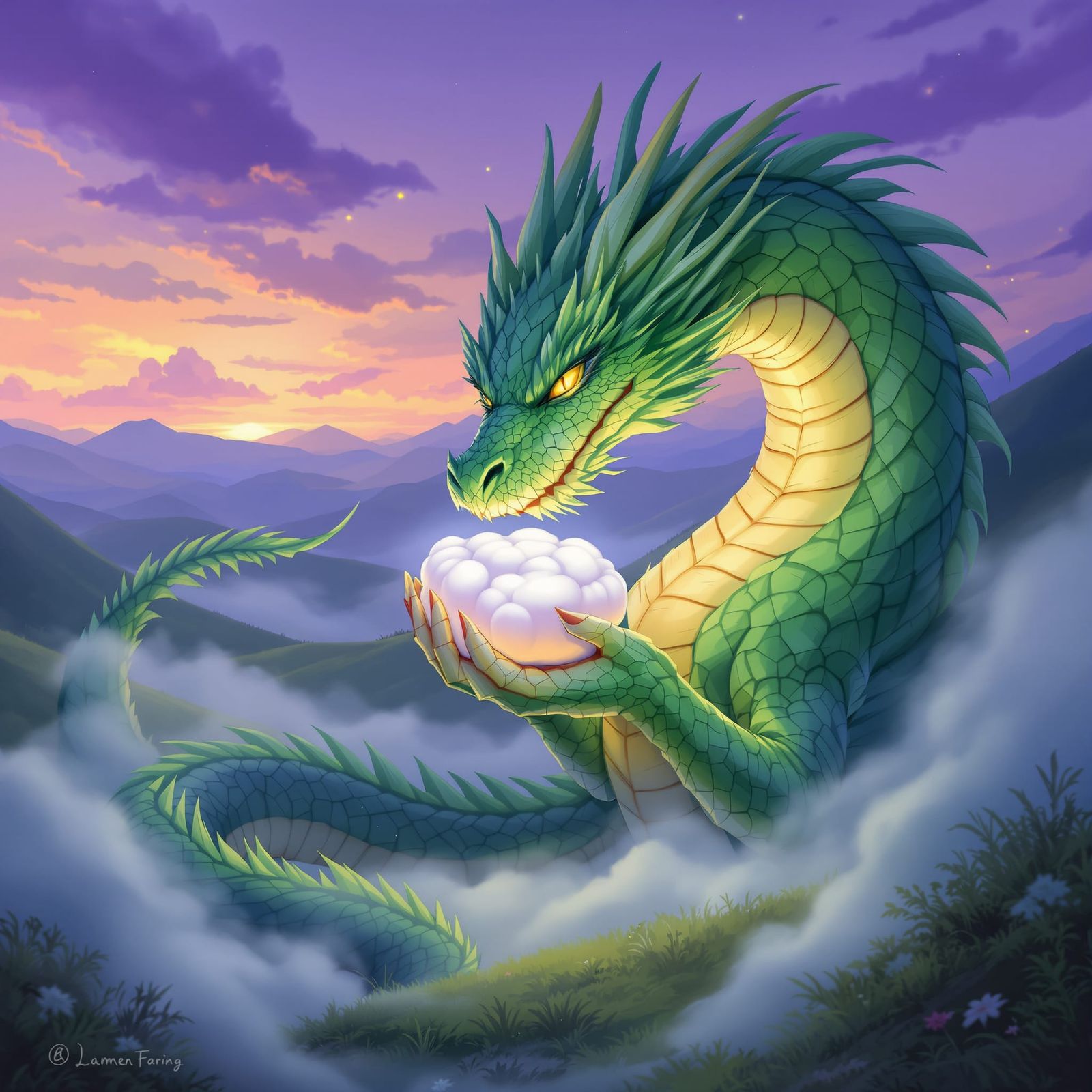 Emerald Dragon Holds Marshmallow in Twilight Hills