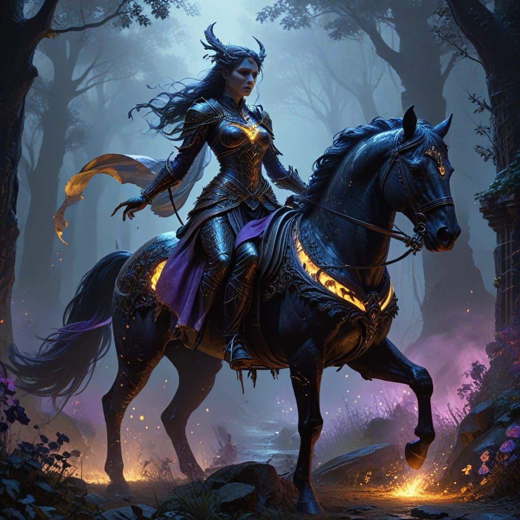 Dark Fantasy Maiden in Black Armor Standing Among Shadows