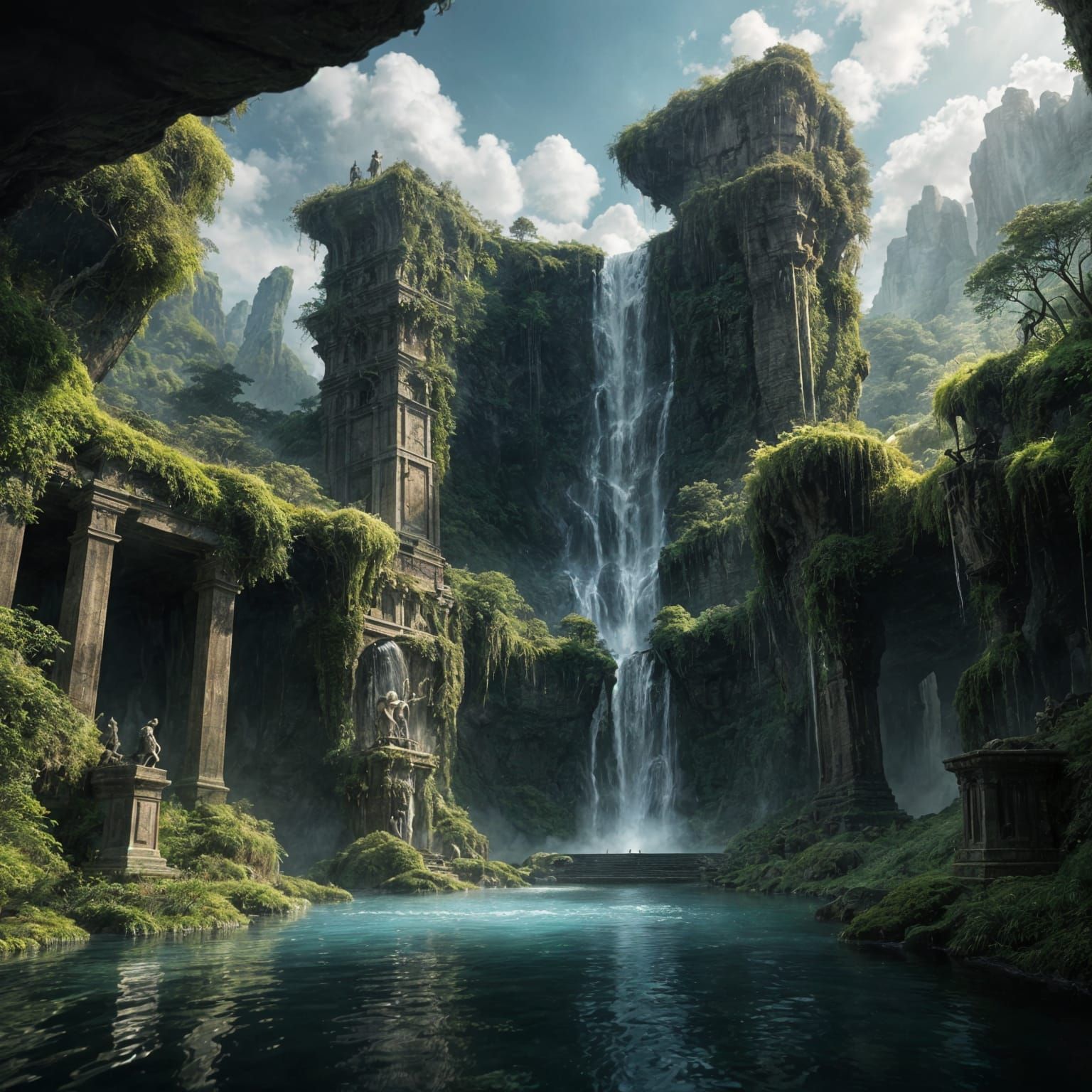 Mystical Waterfall Statue in Ancient Forest