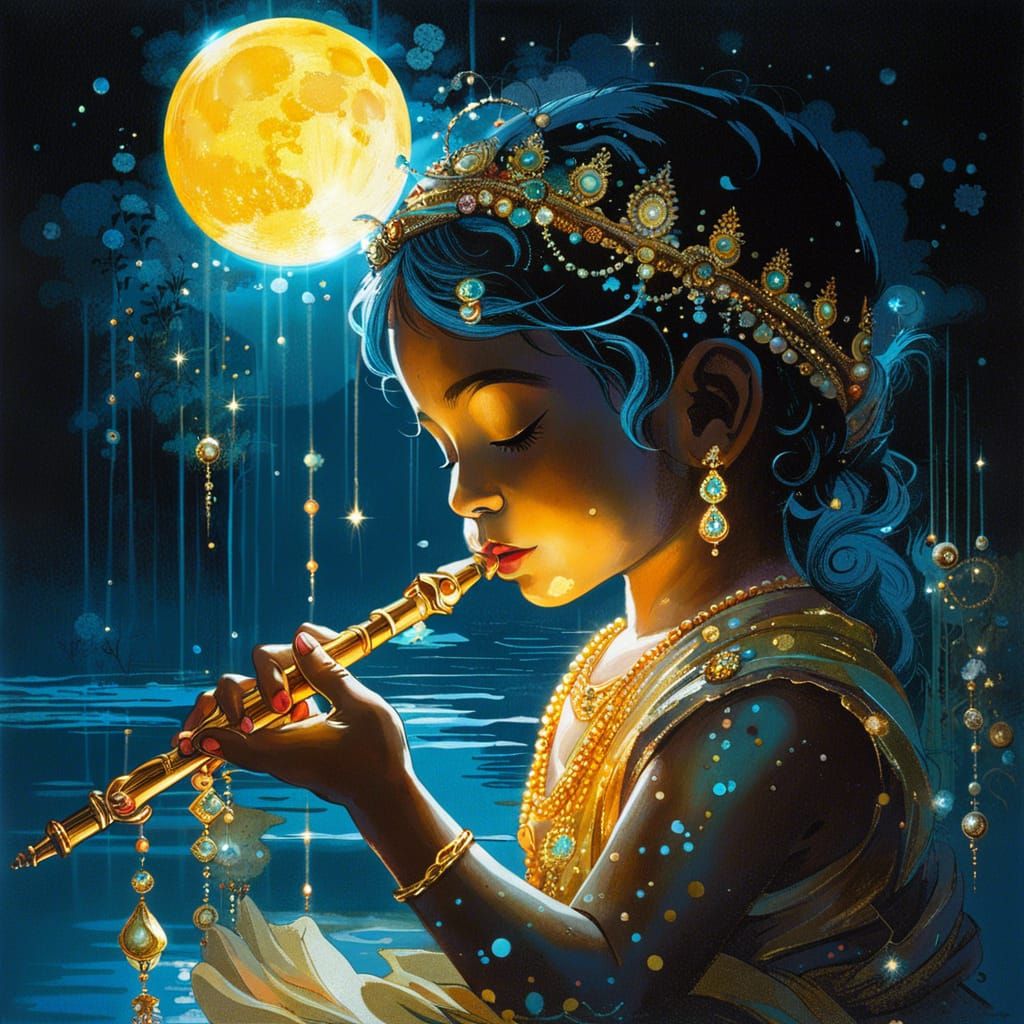 little krishna playing flute under moonlight
