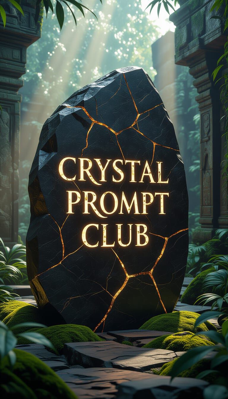 Obsidian Slab Engraved with Golden Runes Amid Jungle Ruins