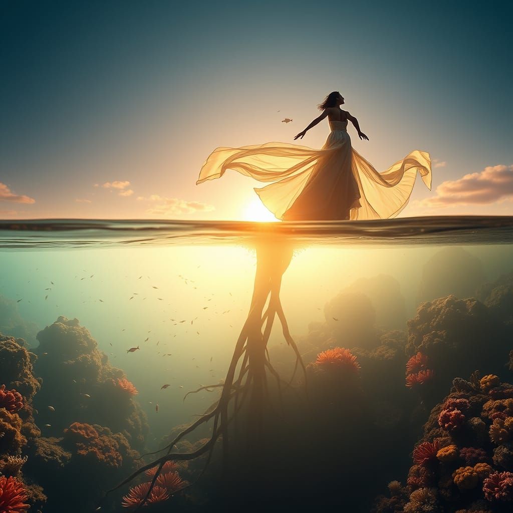 Surreal Liquid Opal Landscape with Iridescent Woman