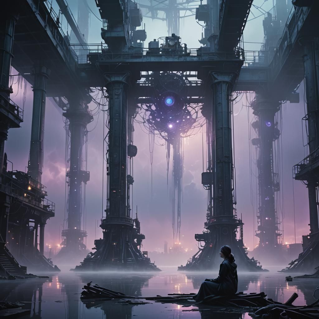 Ethereal Woman in Industrial Dreamscape: Fantasy Art