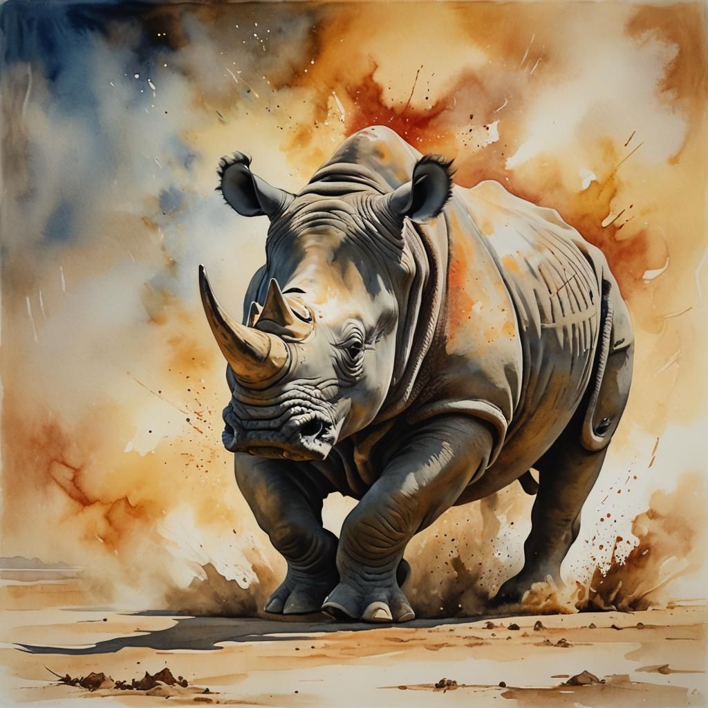 Rhino Charge: Impressionist Watercolor with Surreal Elements