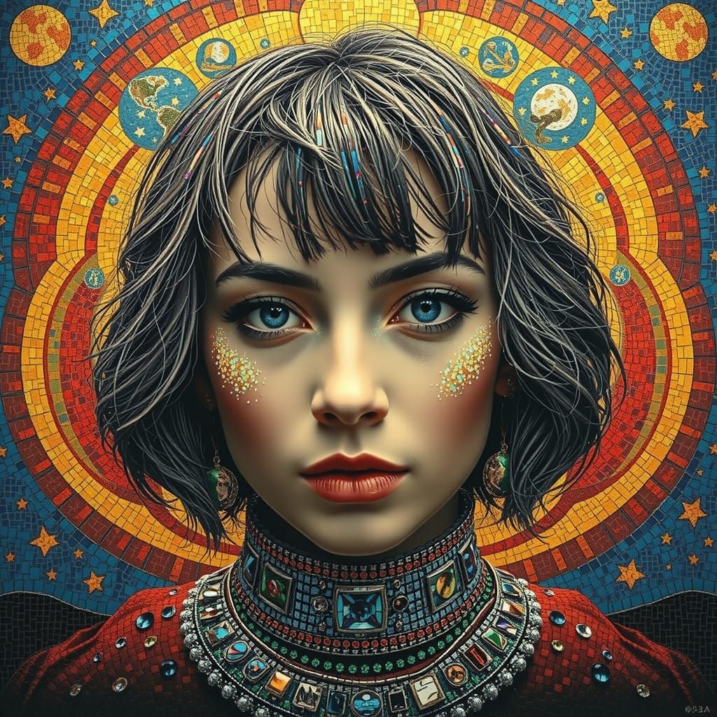 Iridescent Mosaic Woman Under Starry Night