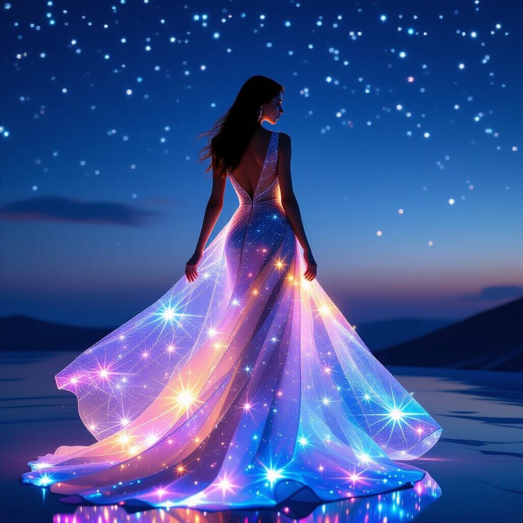 Woman in Starlight Dress Against Night Sky