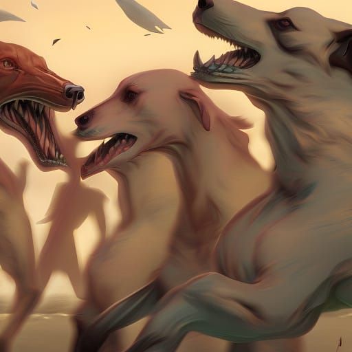 Greyhounds Chase Man on Beach: Hyperdetailed Art