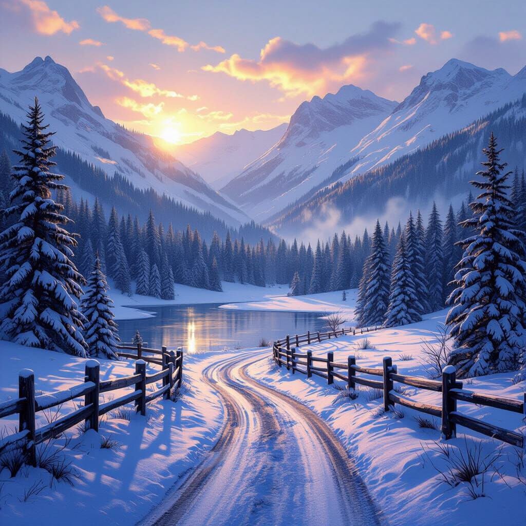 Winter Mountain Forest Sunrise with Old Fence and Frozen Lak...