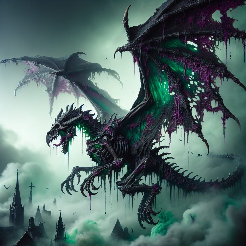 Undead Dragon Soaring Over Foggy Village
