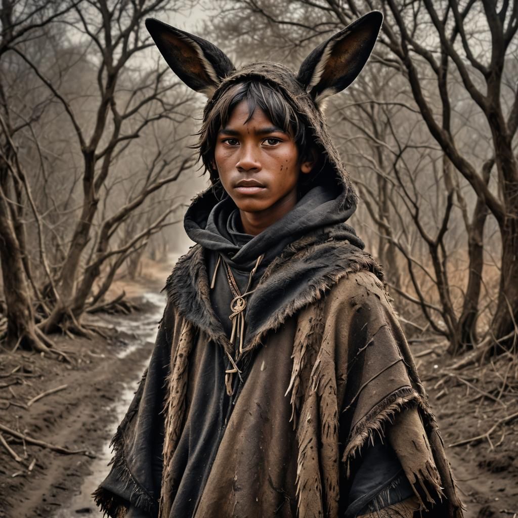 Tribal Boy with Rabbit Ears: Hyperrealistic Animal Pelt Ponc...