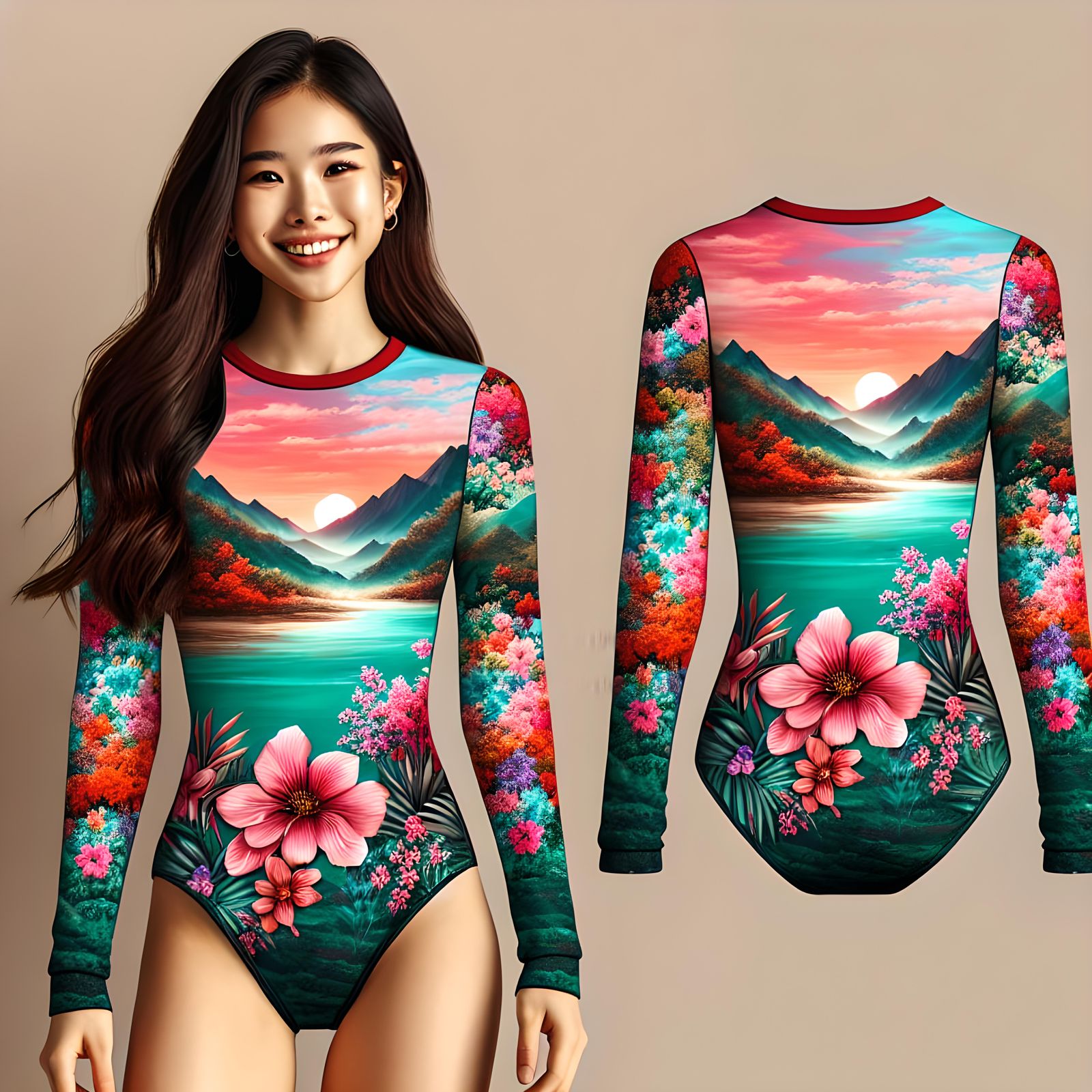 Cheerful Girl Poses in Mountain Landscape Leotard