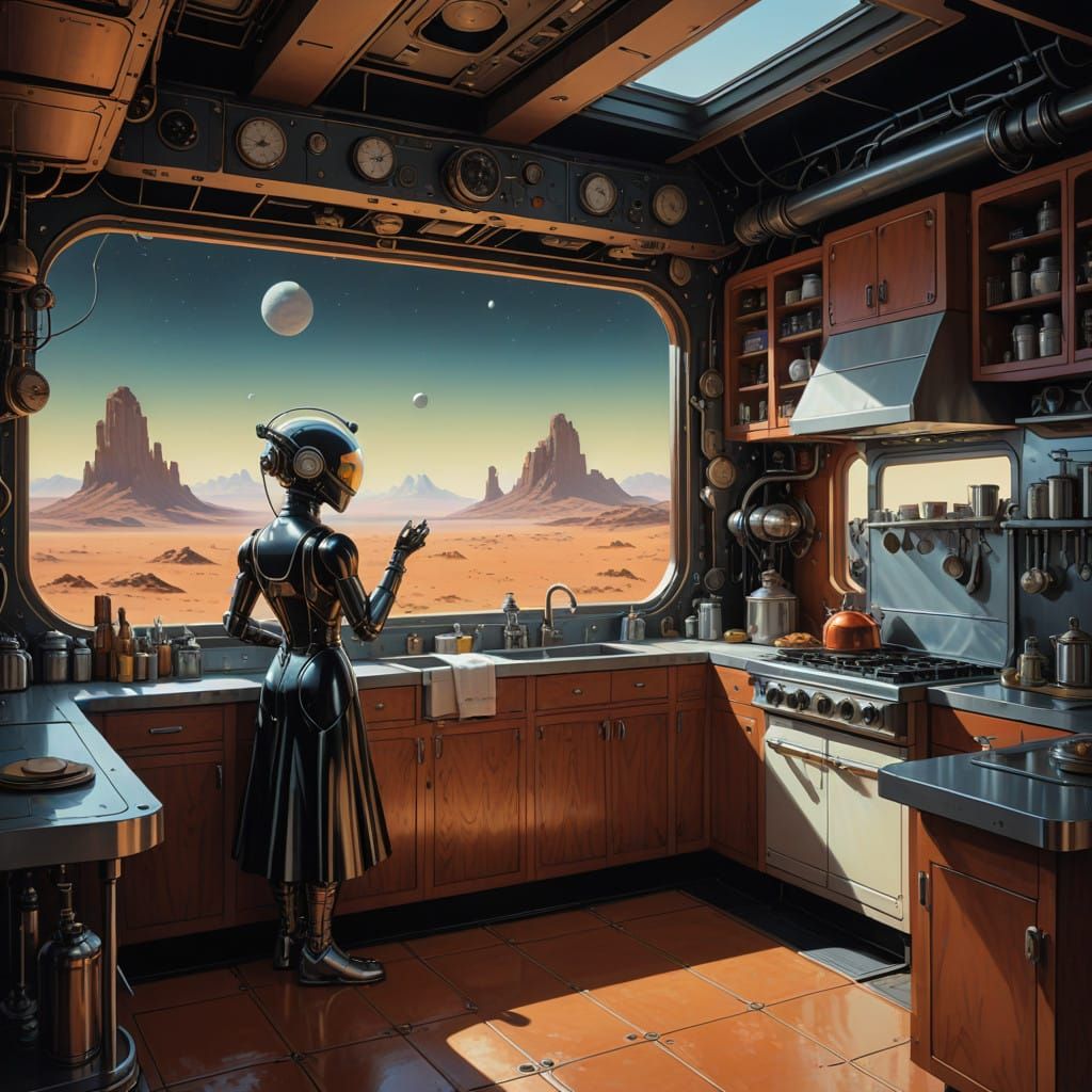 Retro-Futuristic Robot in 1950s Maid Costume Stands in Marti...