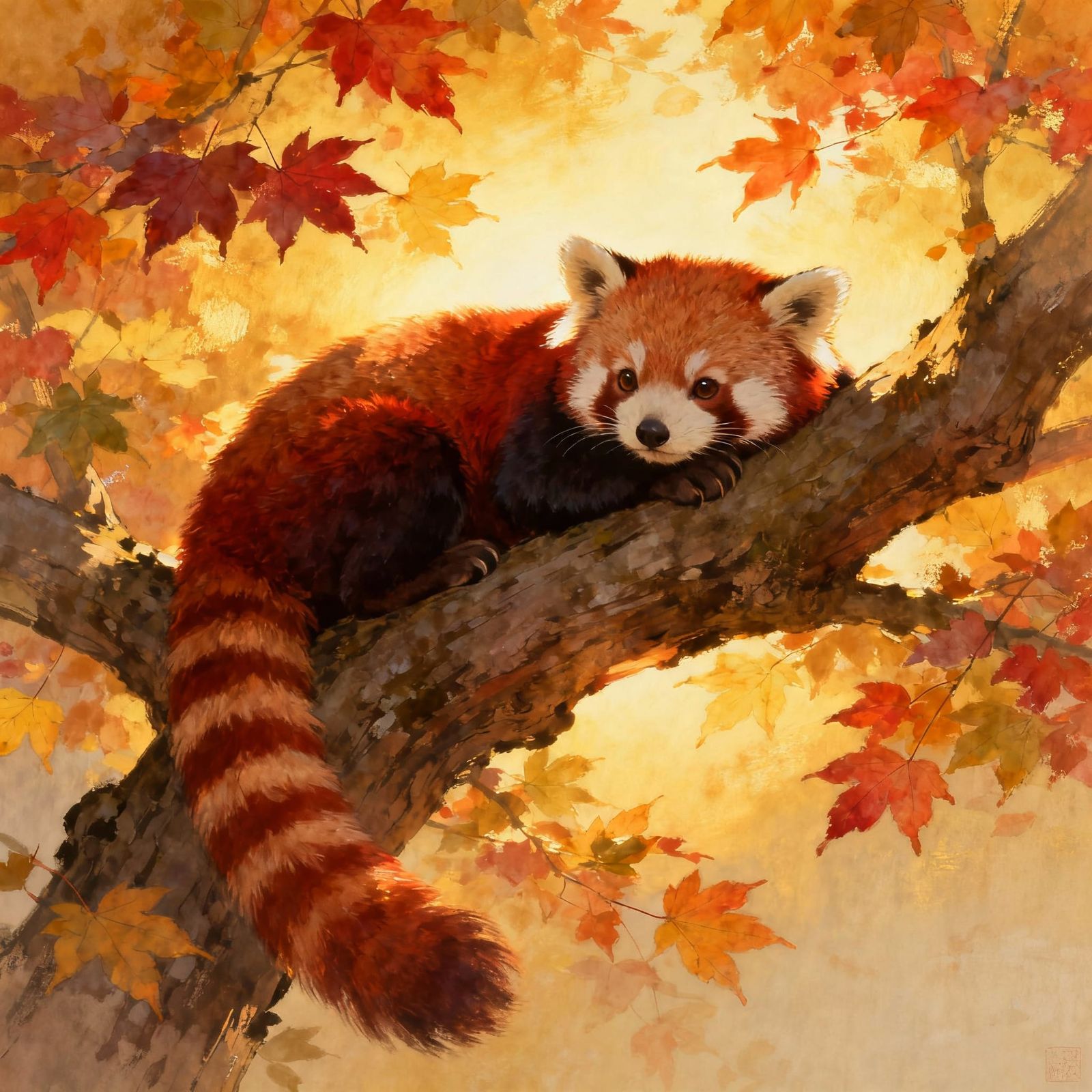 Red Panda Resting on Branch in Autumn Leaves