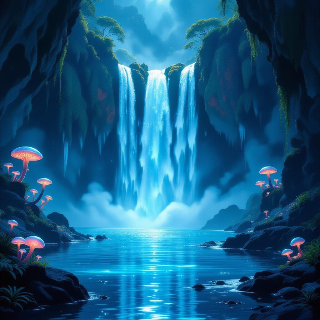 Starlight Waterfall on Alien Planet in Surreal Matte Paintin...