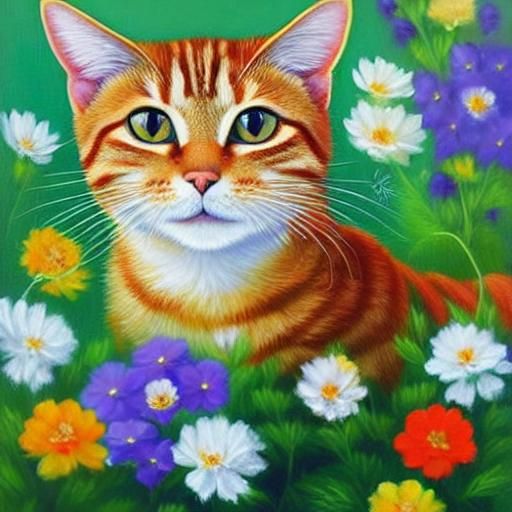 Ginger Tabby Cat in Park, Oil Painting Style