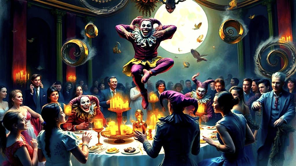 Mysterious Jesters Entertain in Whimsical Festive Scene