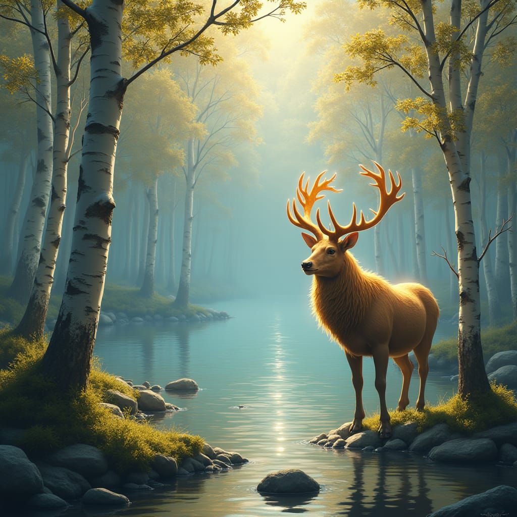 Golden Stag in Birch Forest: Matte Painting