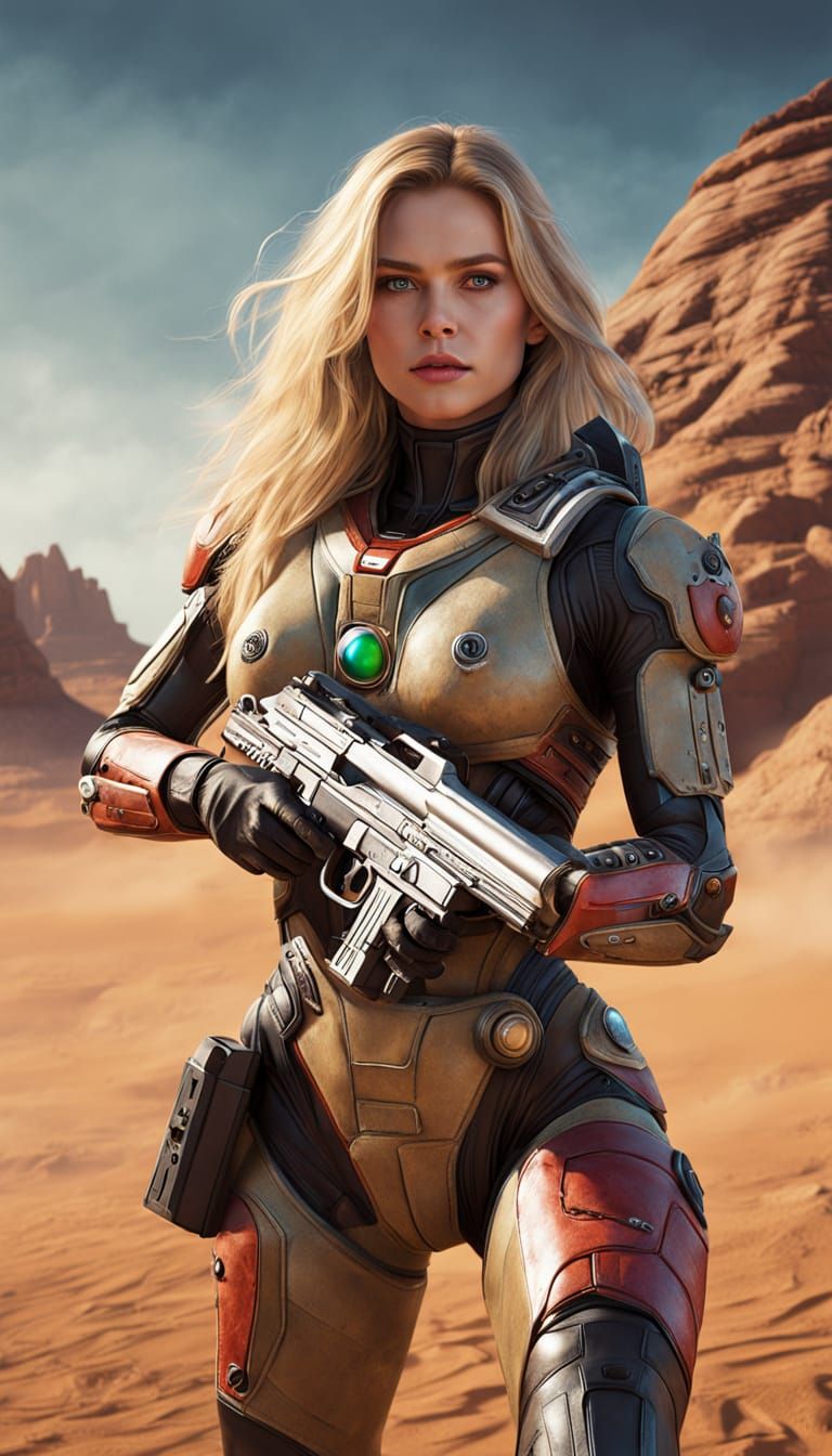 Hyperrealistic Martian Warrior with Laser Blaster