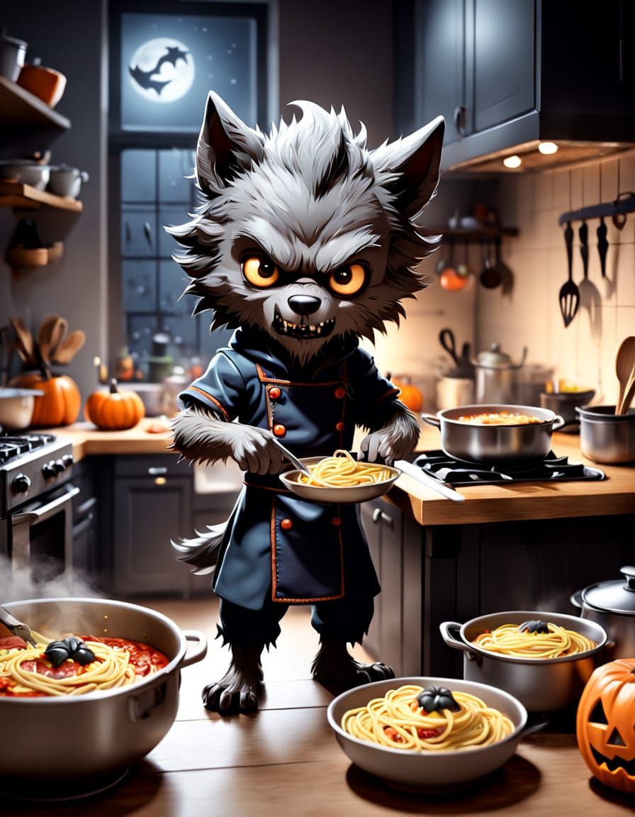 Chibi Werewolf Chef Cooks Spaghetti in Spooky Halloween Kitc...