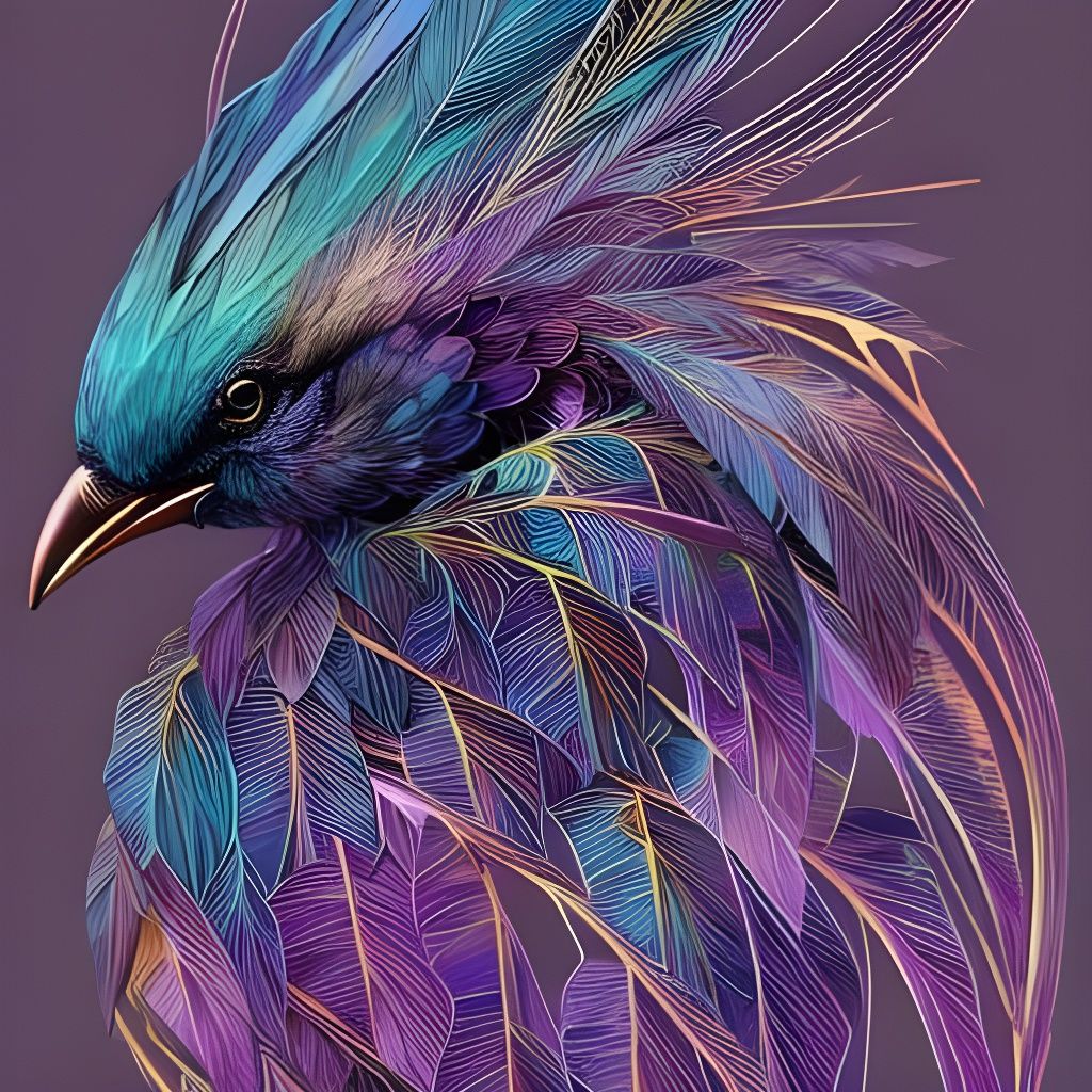 Portrait of Purple Bird with Bronze Outlines