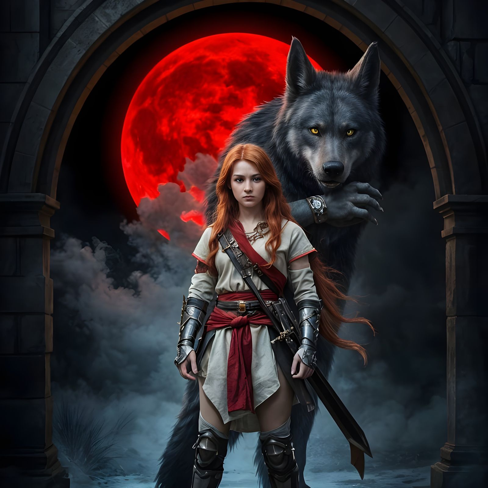 Warrior Woman and Werewolf in Gothic Archway