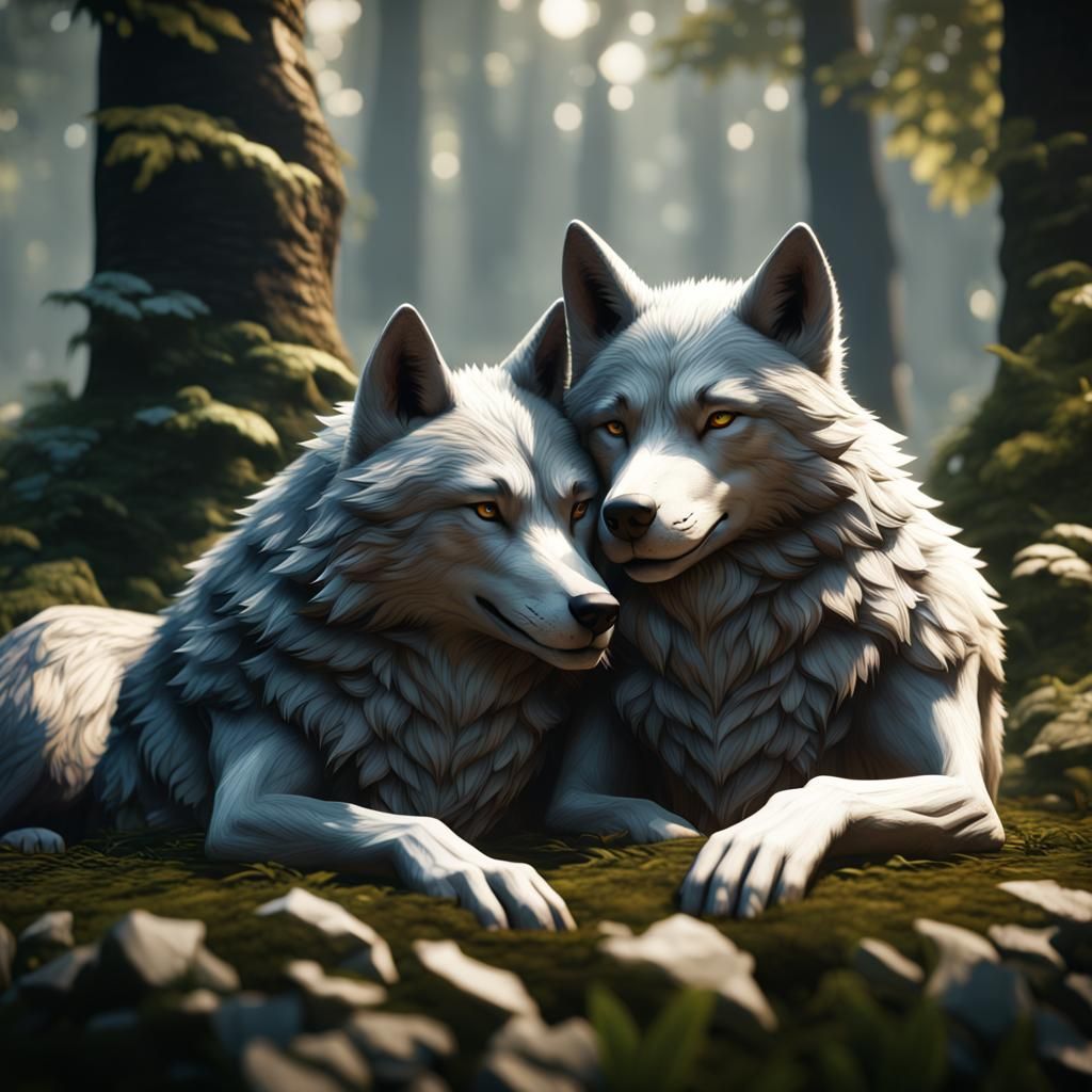 Wolves Cuddling in 3D Game Cinematic Style