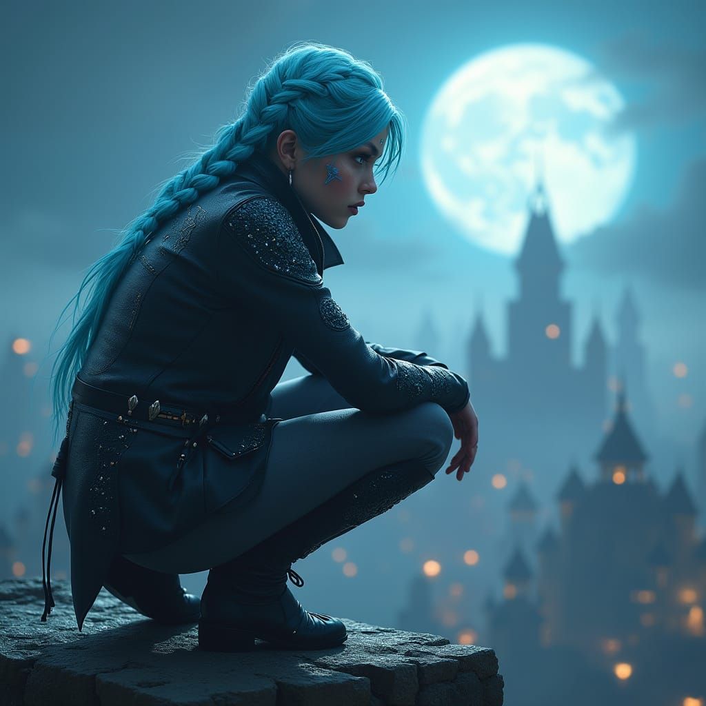 Electric Blue Warrior Genasi Thief in Moonlit Cityscape