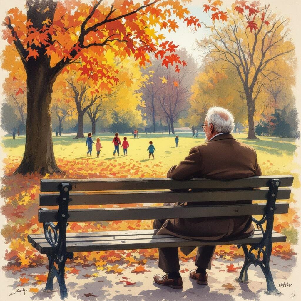 Elderly Man on Park Bench in Autumn Light