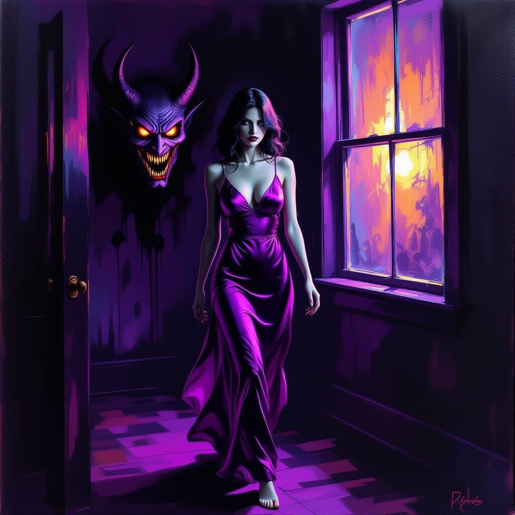 Woman in Satin Nightie with Demonic Face at Window