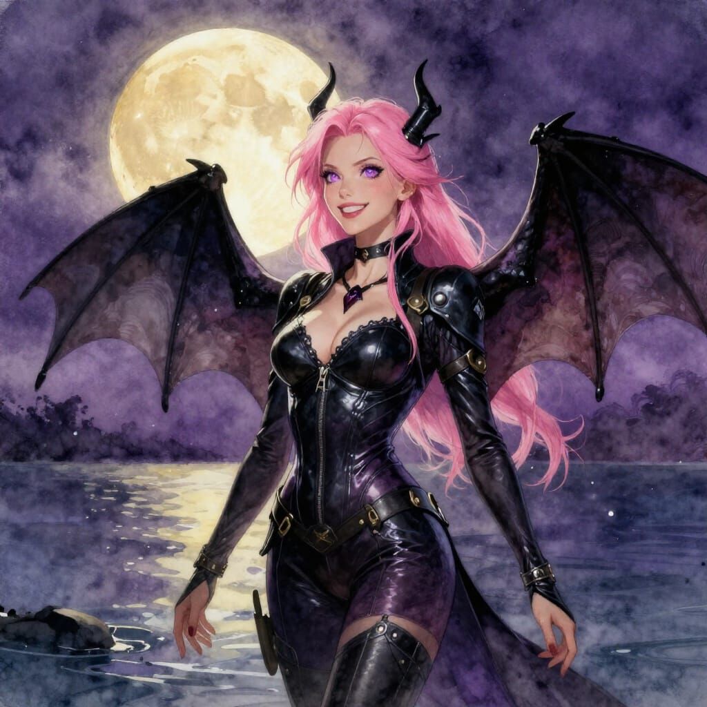Fantasy Bat-Winged Woman Watching Full Moon in Watercolor