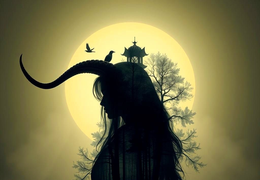 Fantastical Horned Woman in Whimsical Forest Landscape