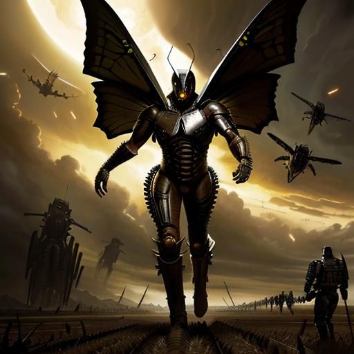 Iron Butterfly in Bio-Mechanical Style Over Battlefield