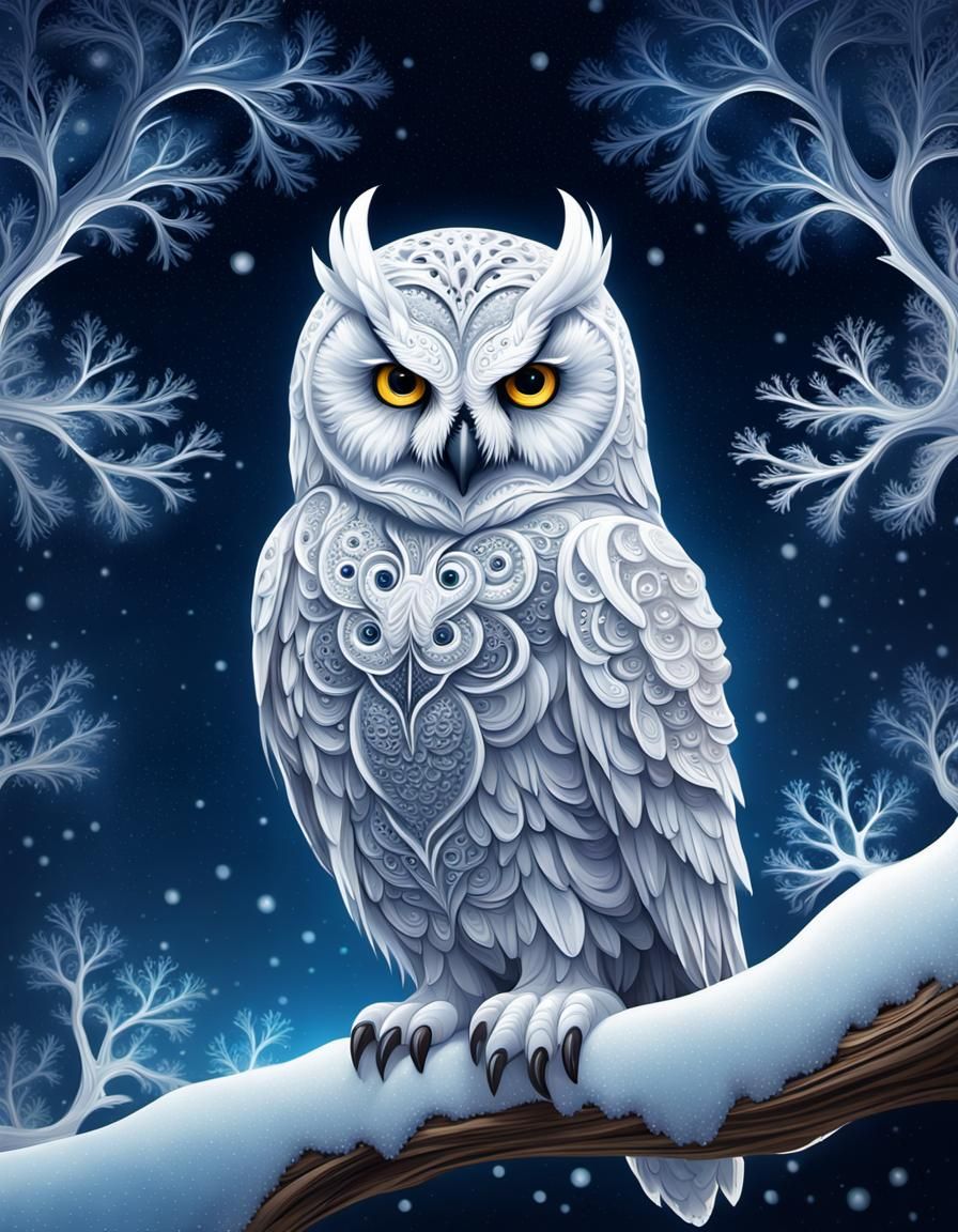 Snow Owl in Fractal Filigree on Starry Sky