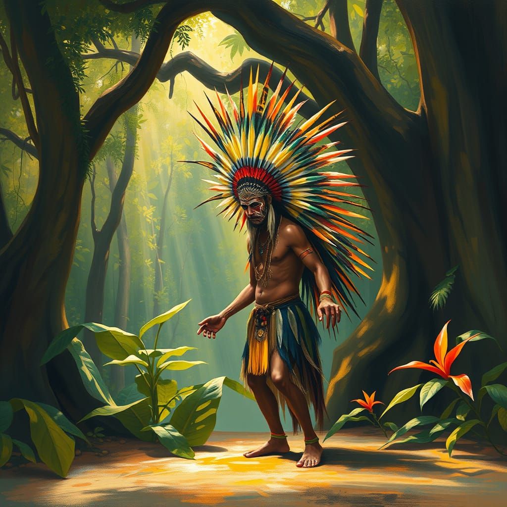 Brazilian Shaman in Lush Rainforest Ritual