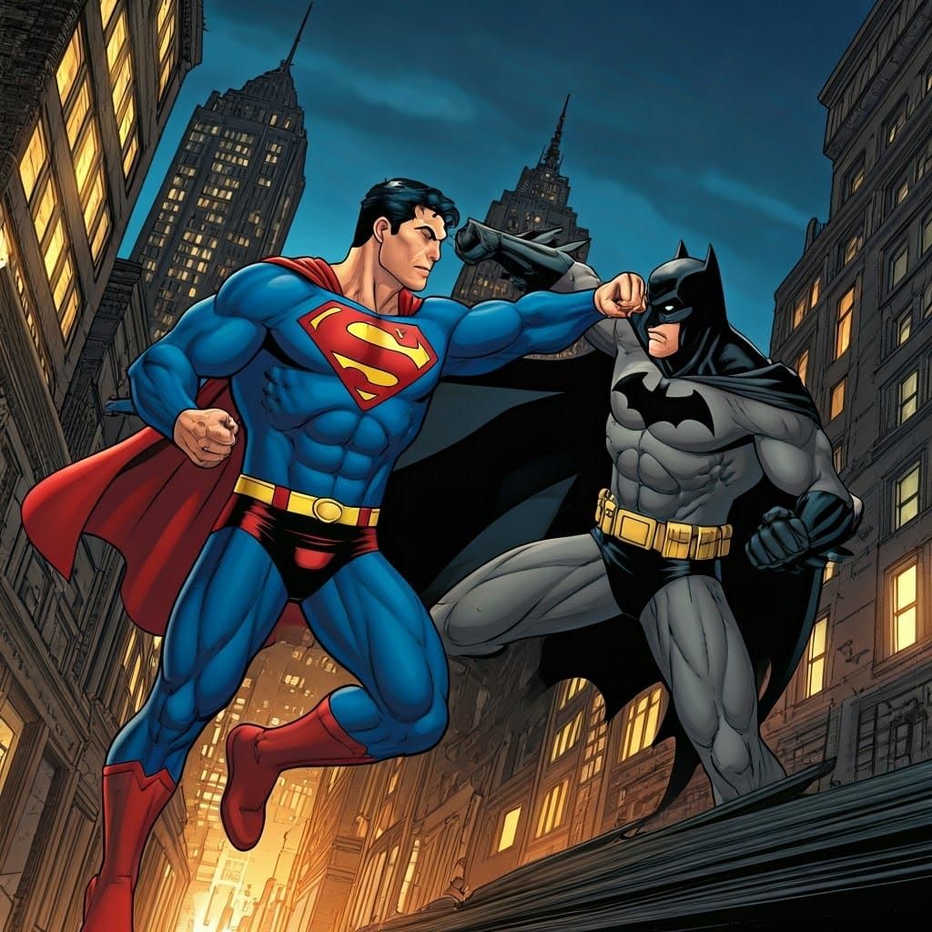Superman and Batman Duel in Comic Book Style