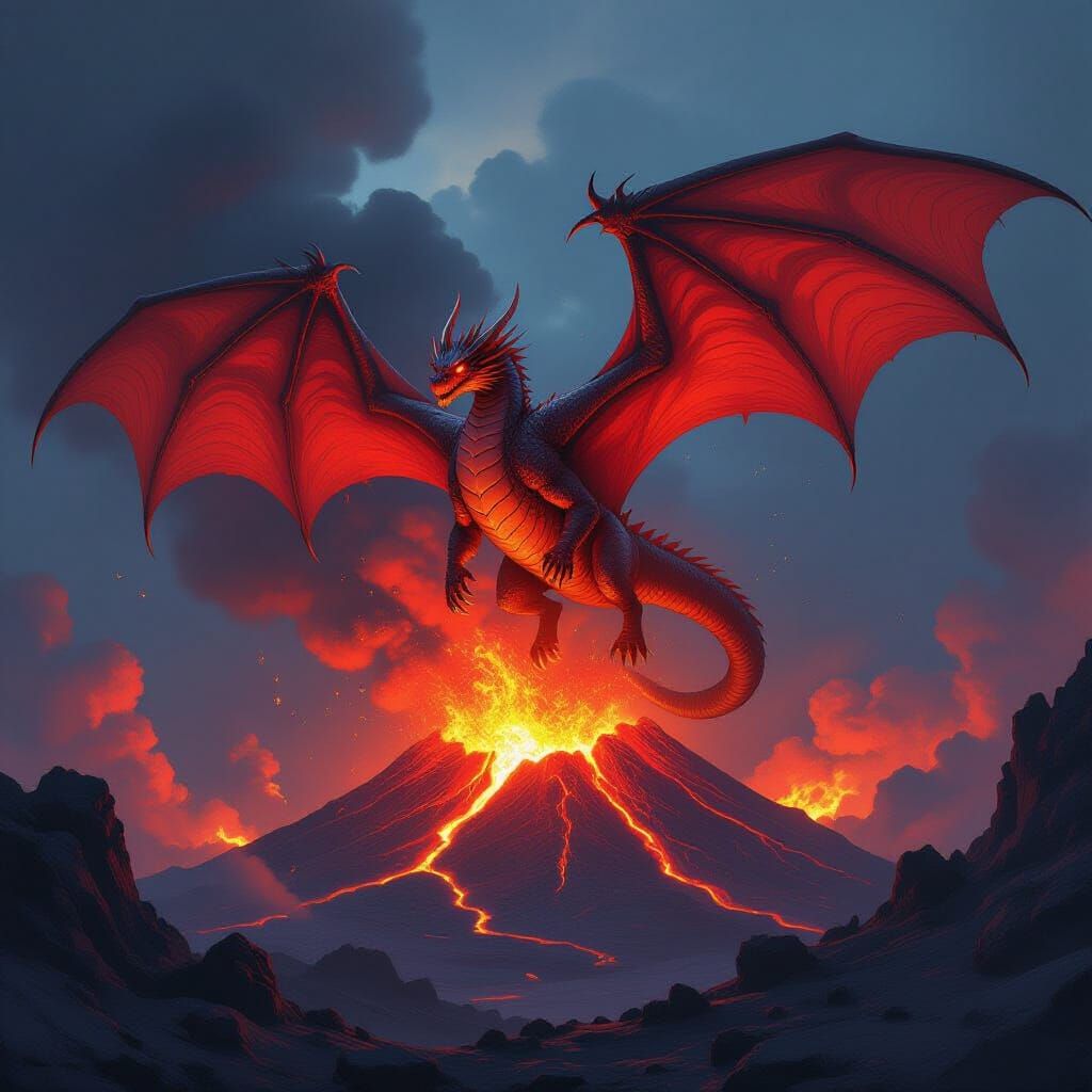 Red Dragon Soaring Over Erupting Volcano