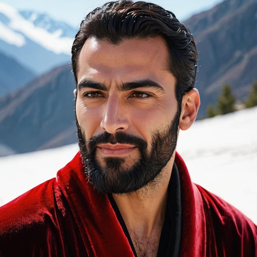 Bearded Man in Red Robe: Expressionist Winter Portrait