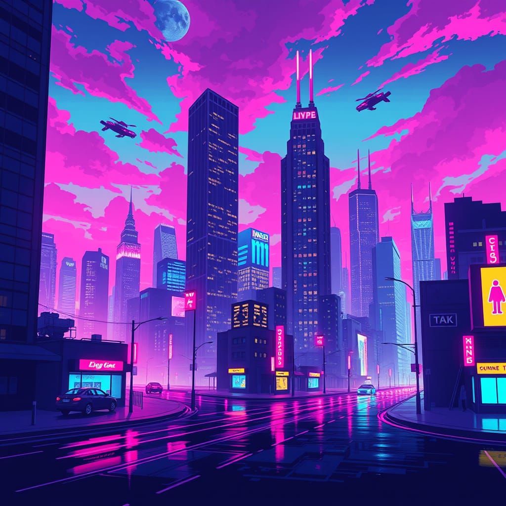 Synthwave Neon Cityscape in Pixel Art Style