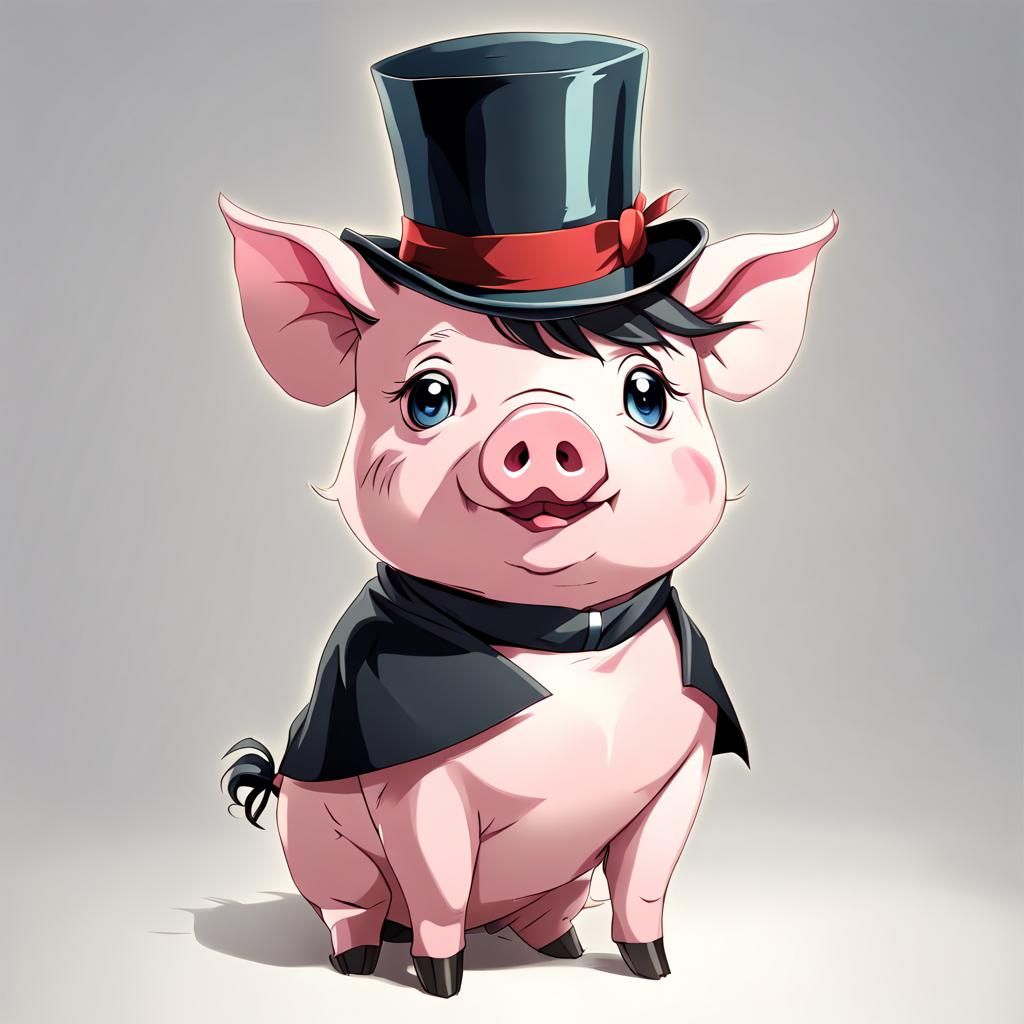 Anime Pig with Top Hat Illustration