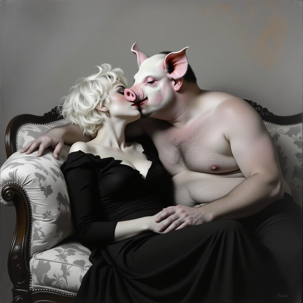 Surreal Pig-Headed Man Kisses Woman in Sfumato Photograph