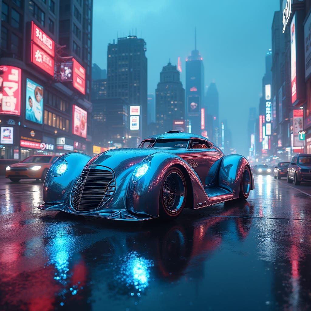 Cyberpunk Truck Glides Through Neon Cityscape