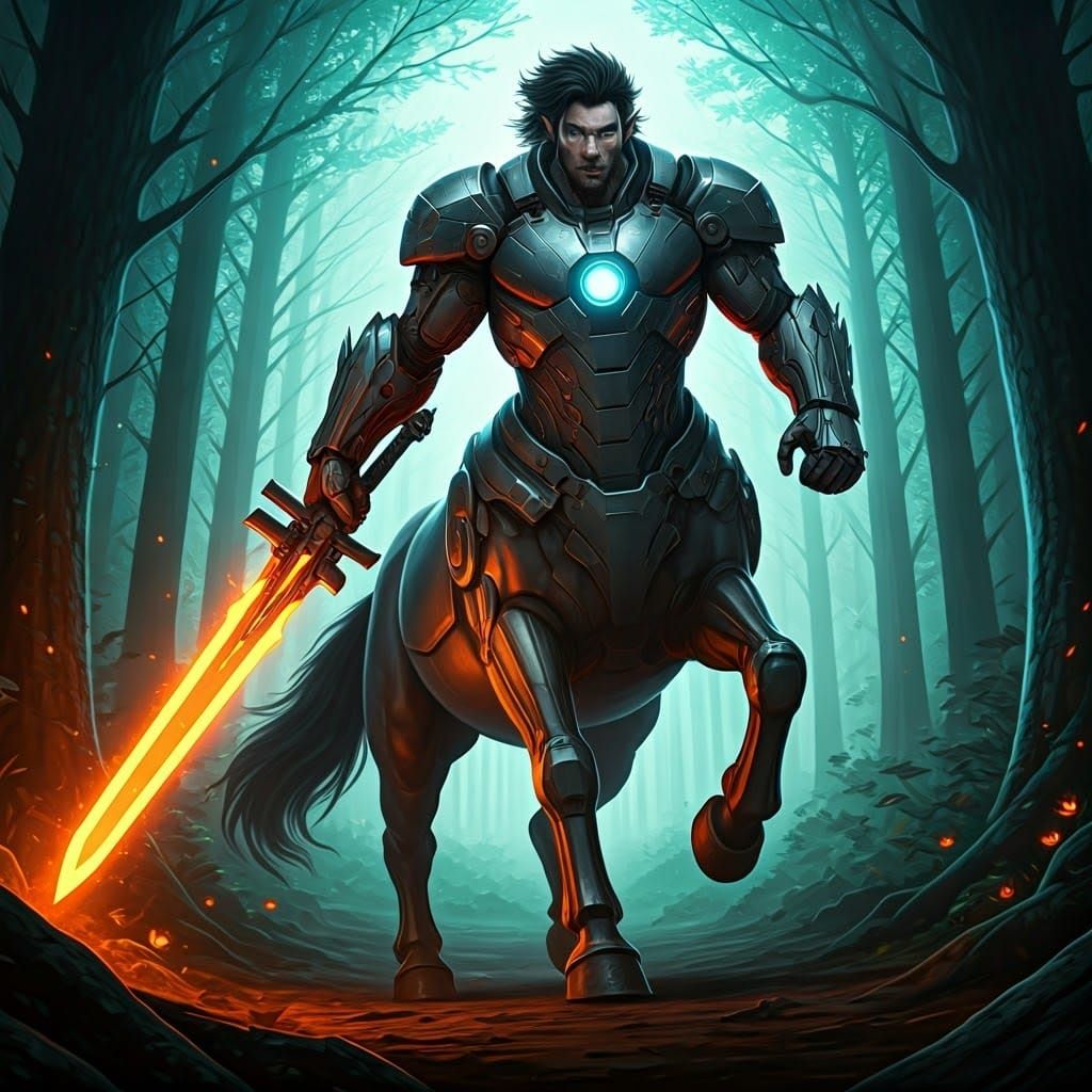 Cyberpunk Centaur Warrior Charging Through Digital Forest