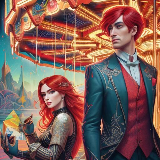 Sorrowful Girl and Man by Carousel in Cubist Style